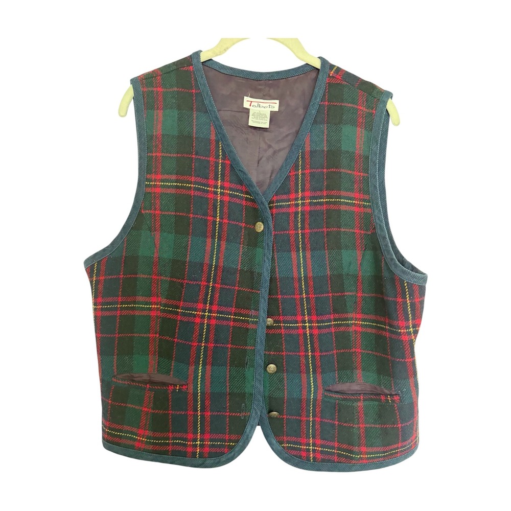 Talbots Vintage Wool Blend Plaid Vest Green Red Navy Blue Button Front L Classic
